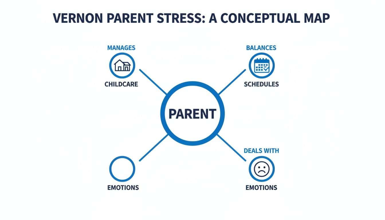 A conceptual map on Vernon parent stress, showing parents manage childcare, balance schedules, and deal with emotions.