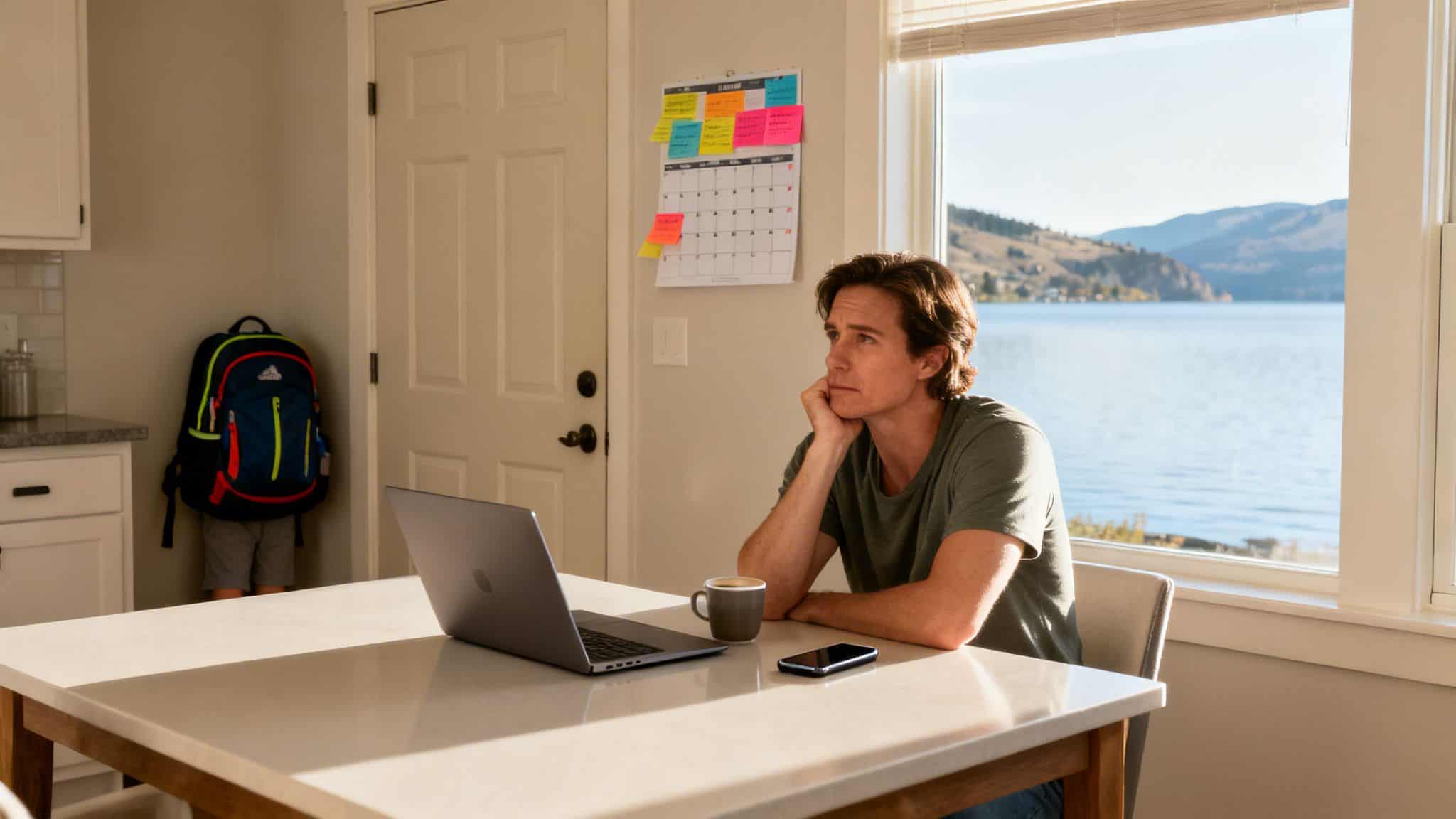 Thoughtful man at a kitchen table with laptop, overlooking a lake, a child's backpack nearby.