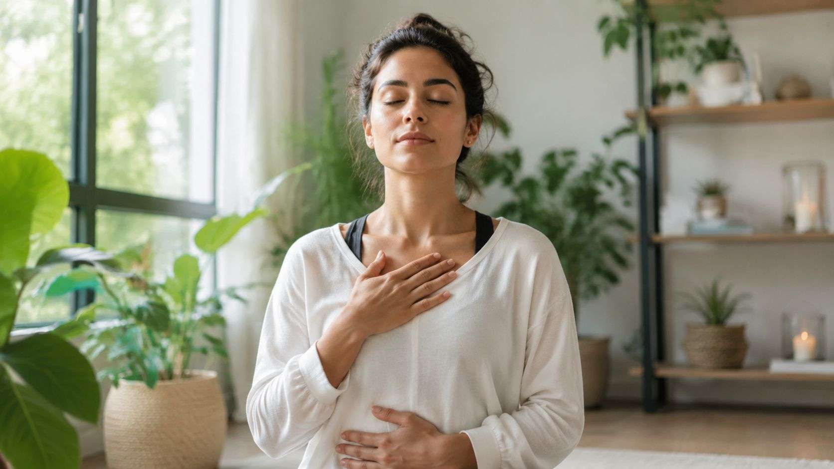 A calm woman practicing mindful deep breathing exercises with her hands placed gently on her chest.