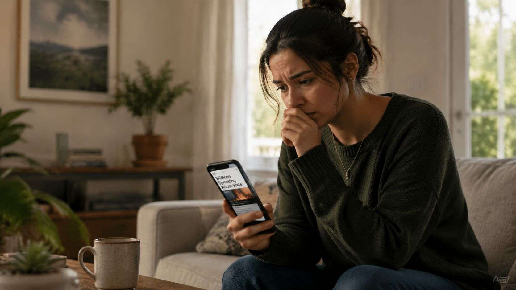 A worried woman sitting on a couch checking wildfire news updates on her smartphone in a living room.