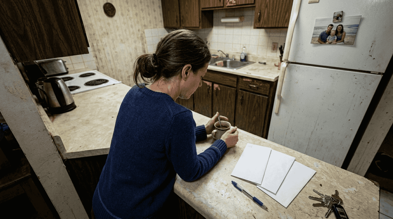 Woman alone at kitchen counter appearing lonely