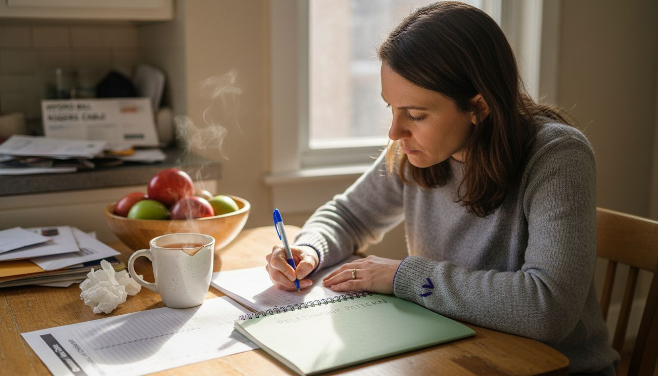 Woman charts conflict pattern in notebook