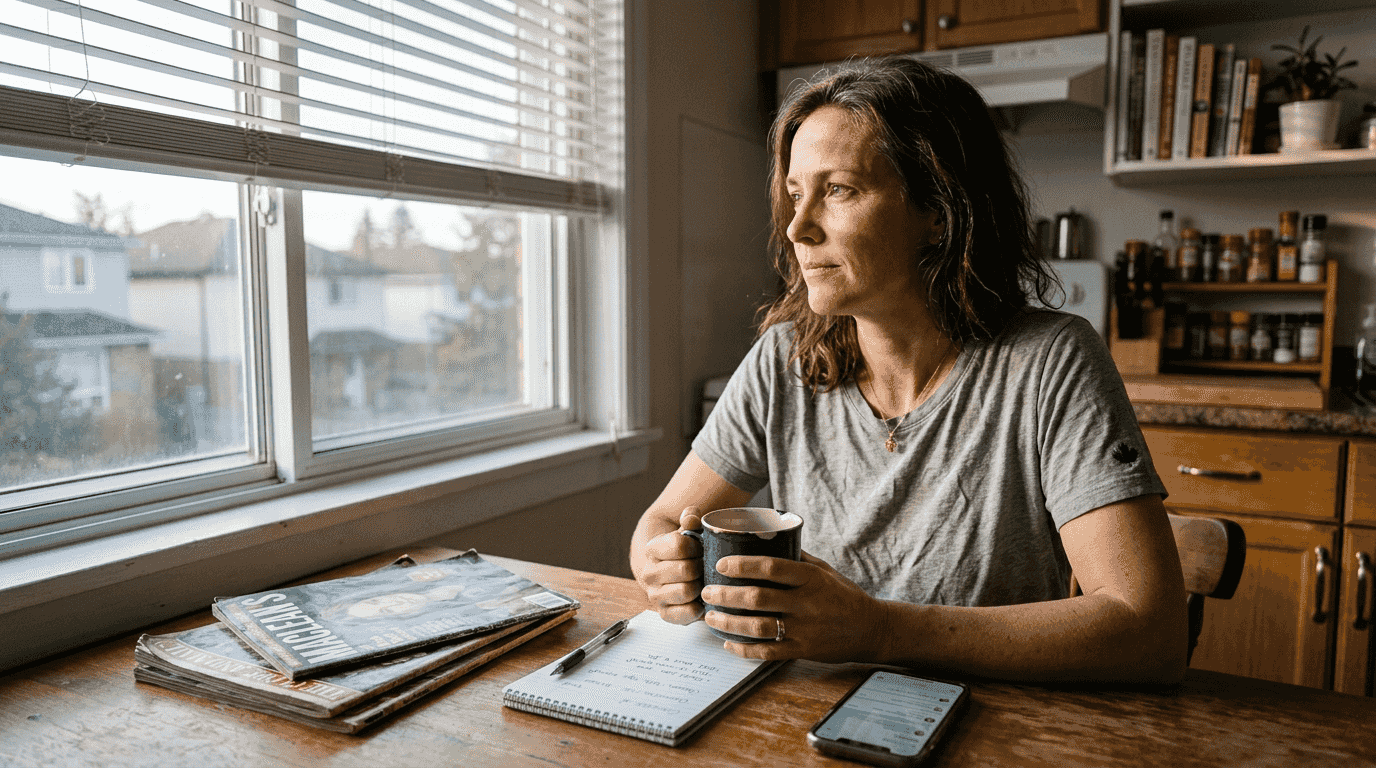Woman coping alone in kitchen after infidelity