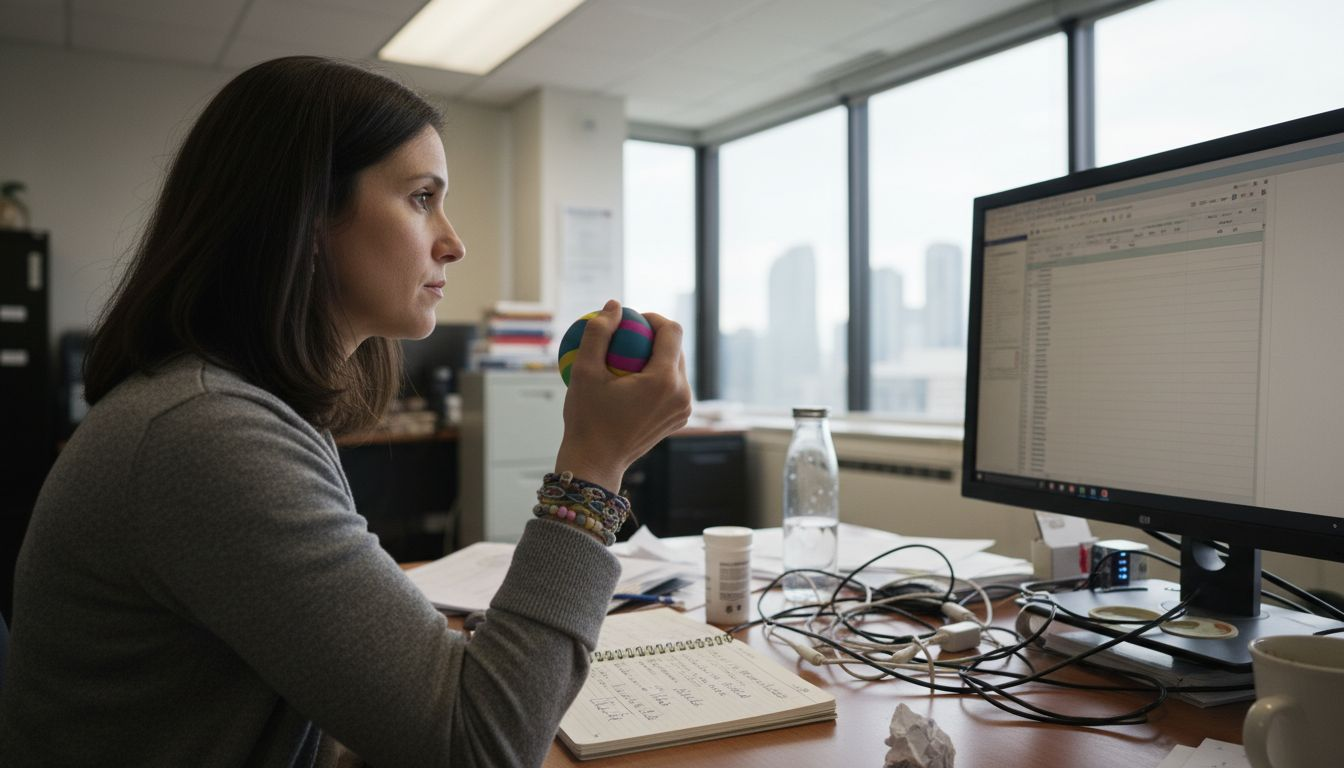 Woman coping with workplace stress at cluttered desk