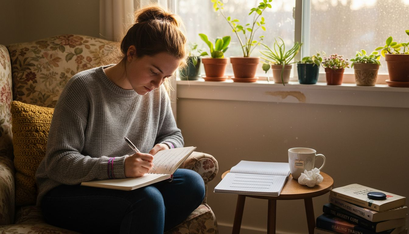 Woman journaling beside window in quiet room