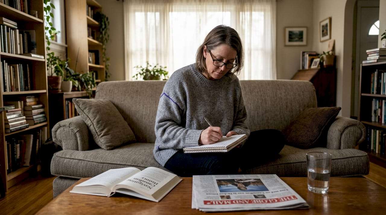 Woman journaling in cozy living room
