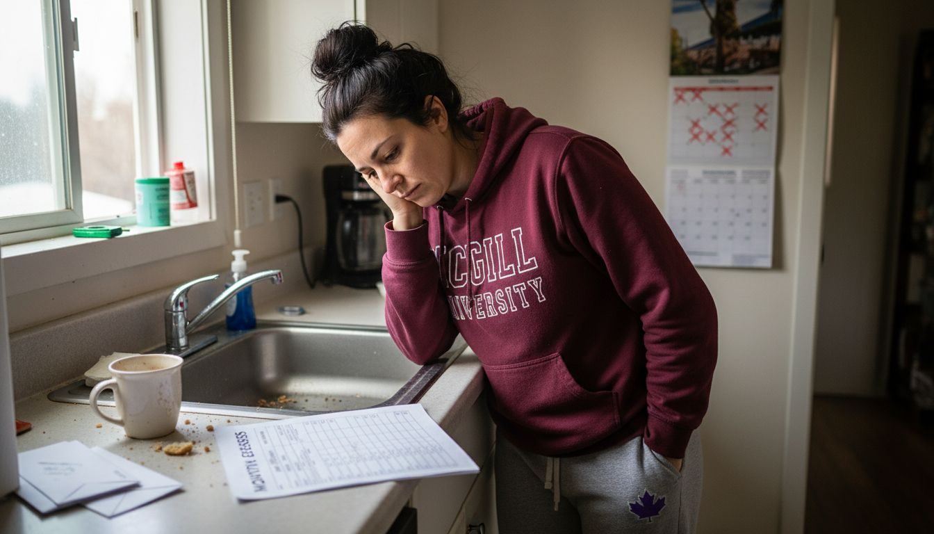 Woman looking stressed in small kitchen