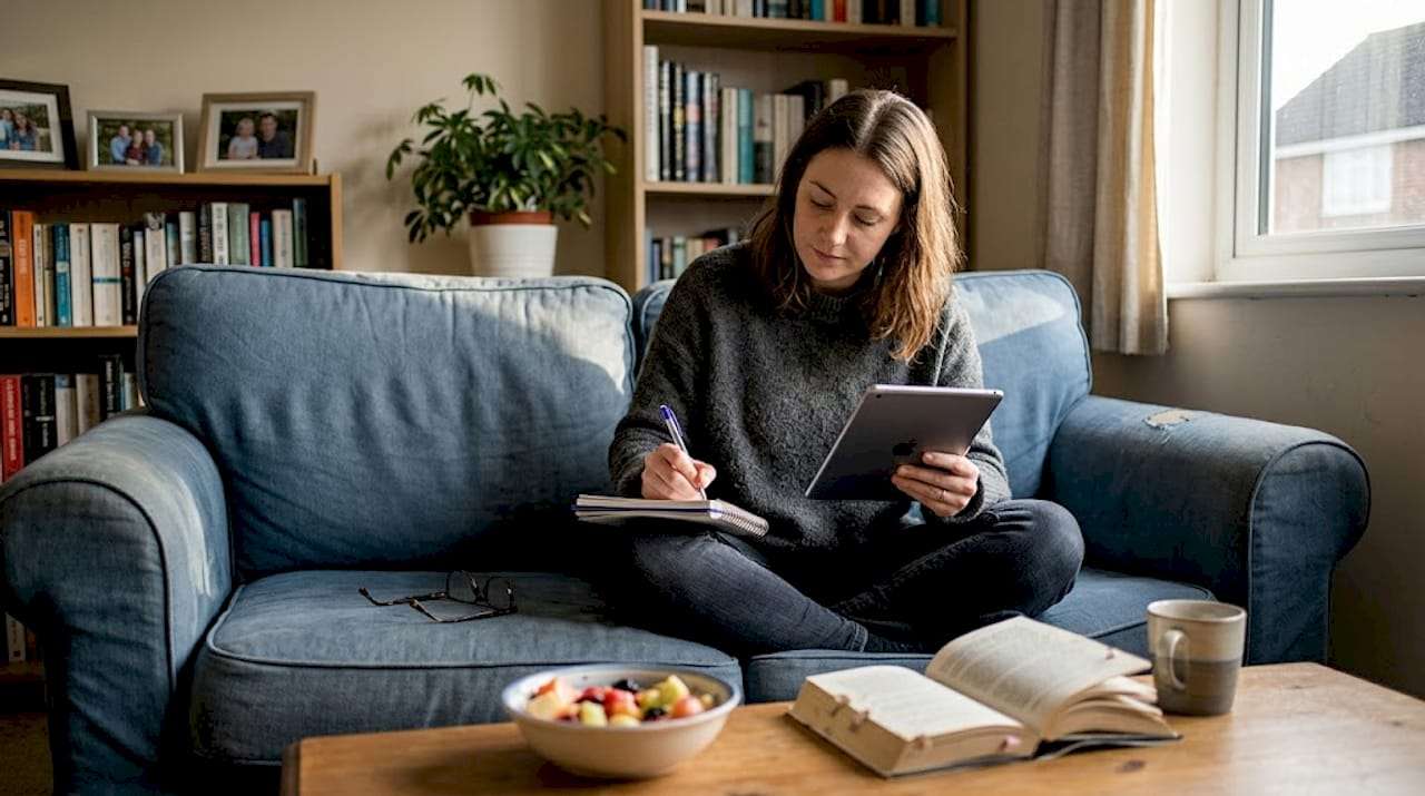 Woman reflecting with quiz results and notepad