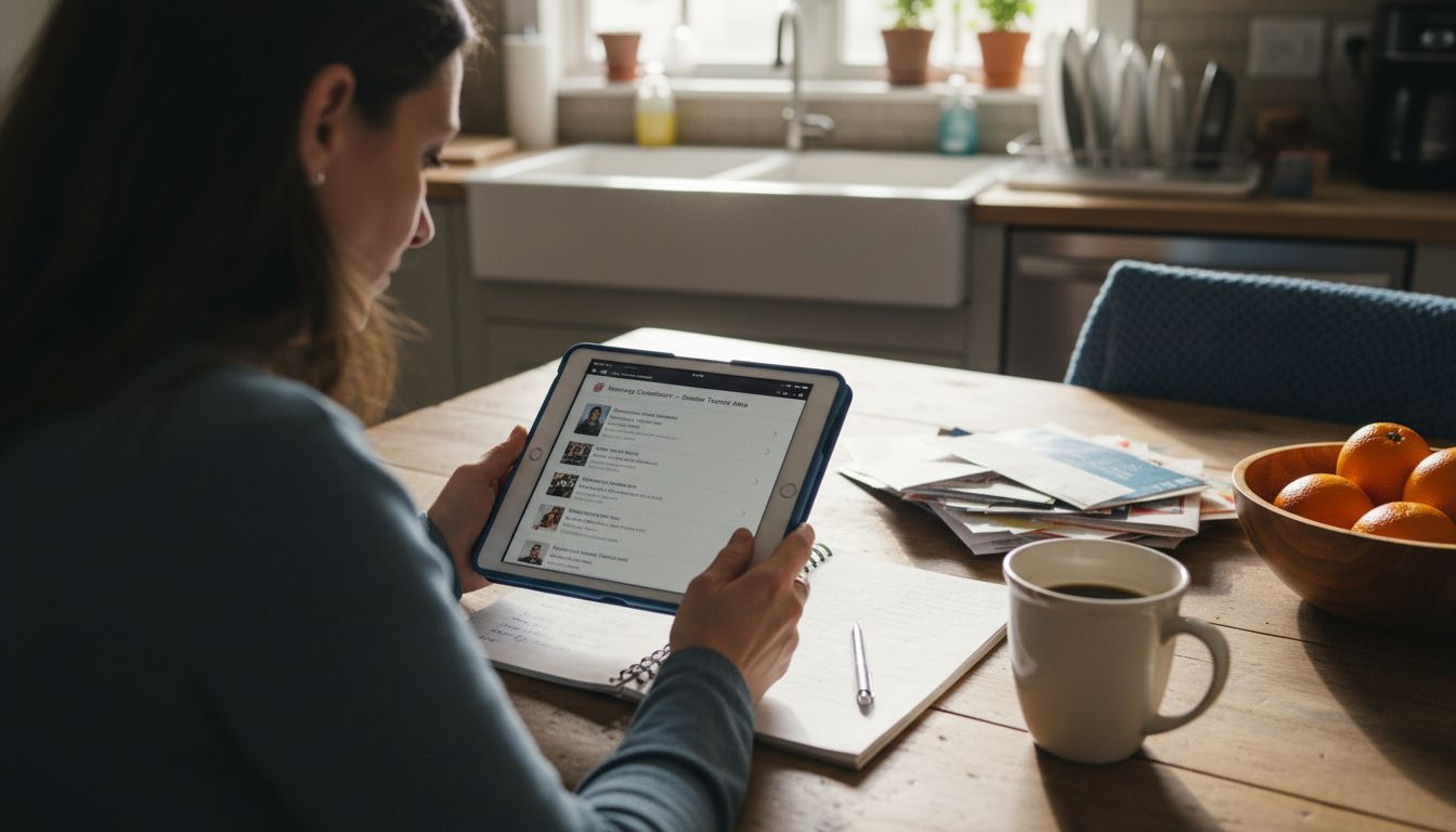 Woman reviewing marriage counselor profiles at kitchen table