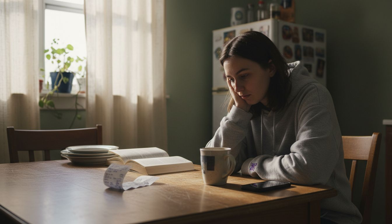 Woman showing fatigue at kitchen table