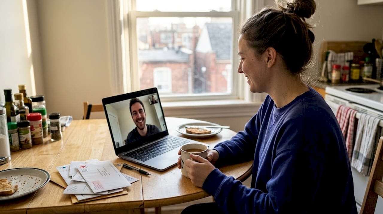 Woman video calling partner at kitchen table