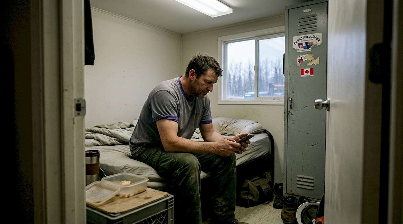 Worker alone in camp looking at phone