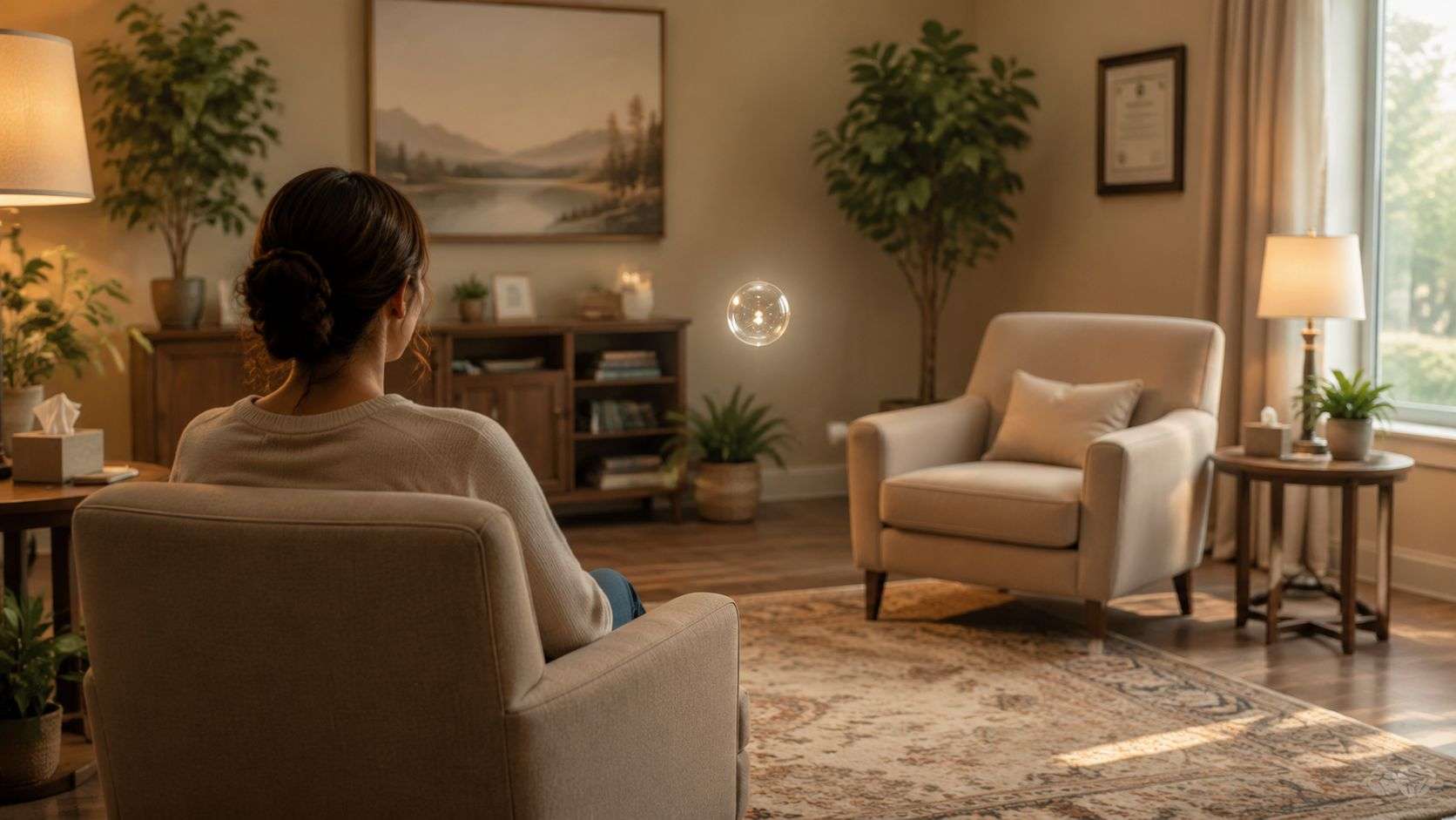 A person sits in a chair in a calm living room facing a glowing orb during therapy.