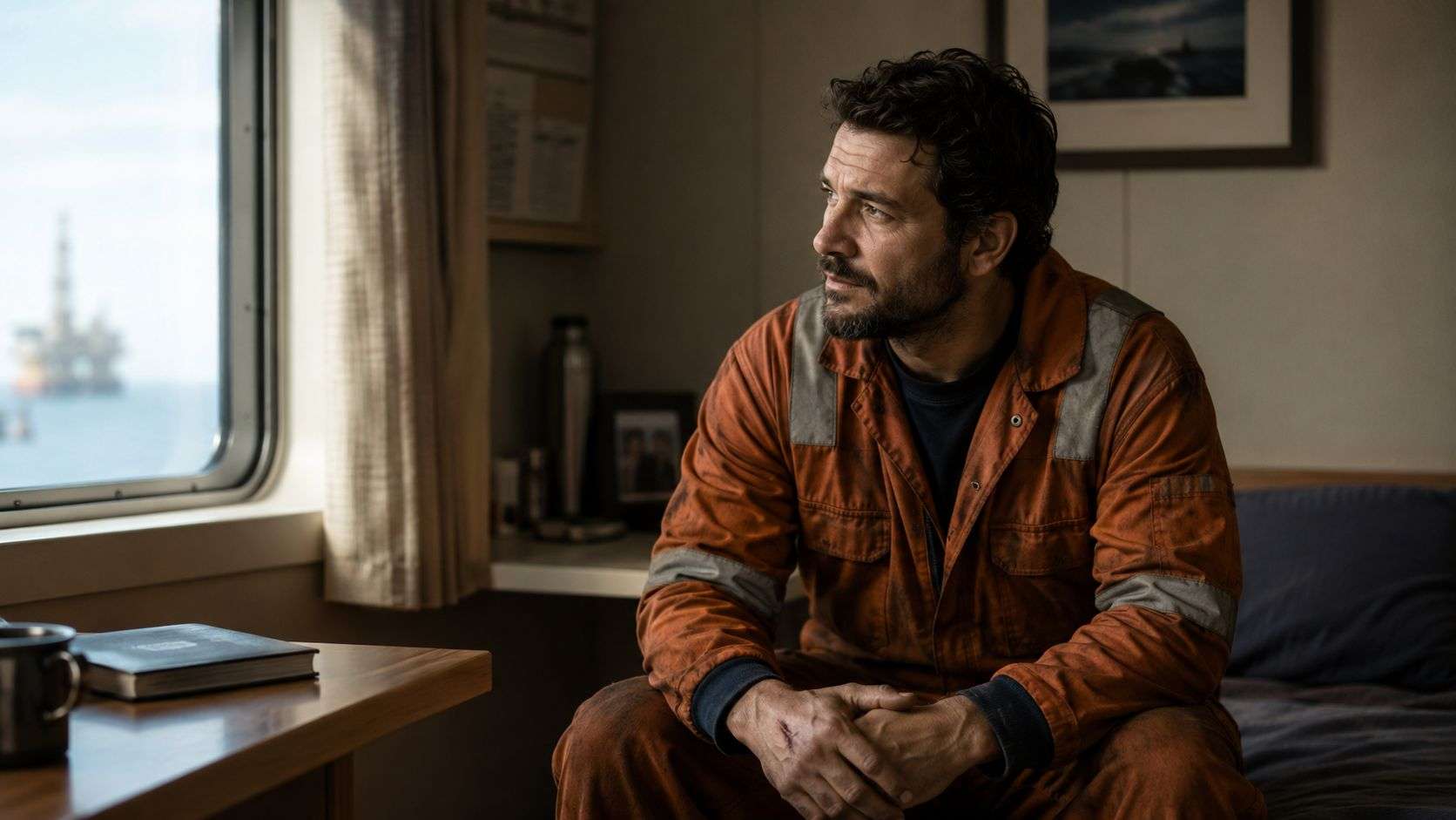 A weary oil rig worker in orange coveralls sits in his cabin, looking thoughtfully out the window.