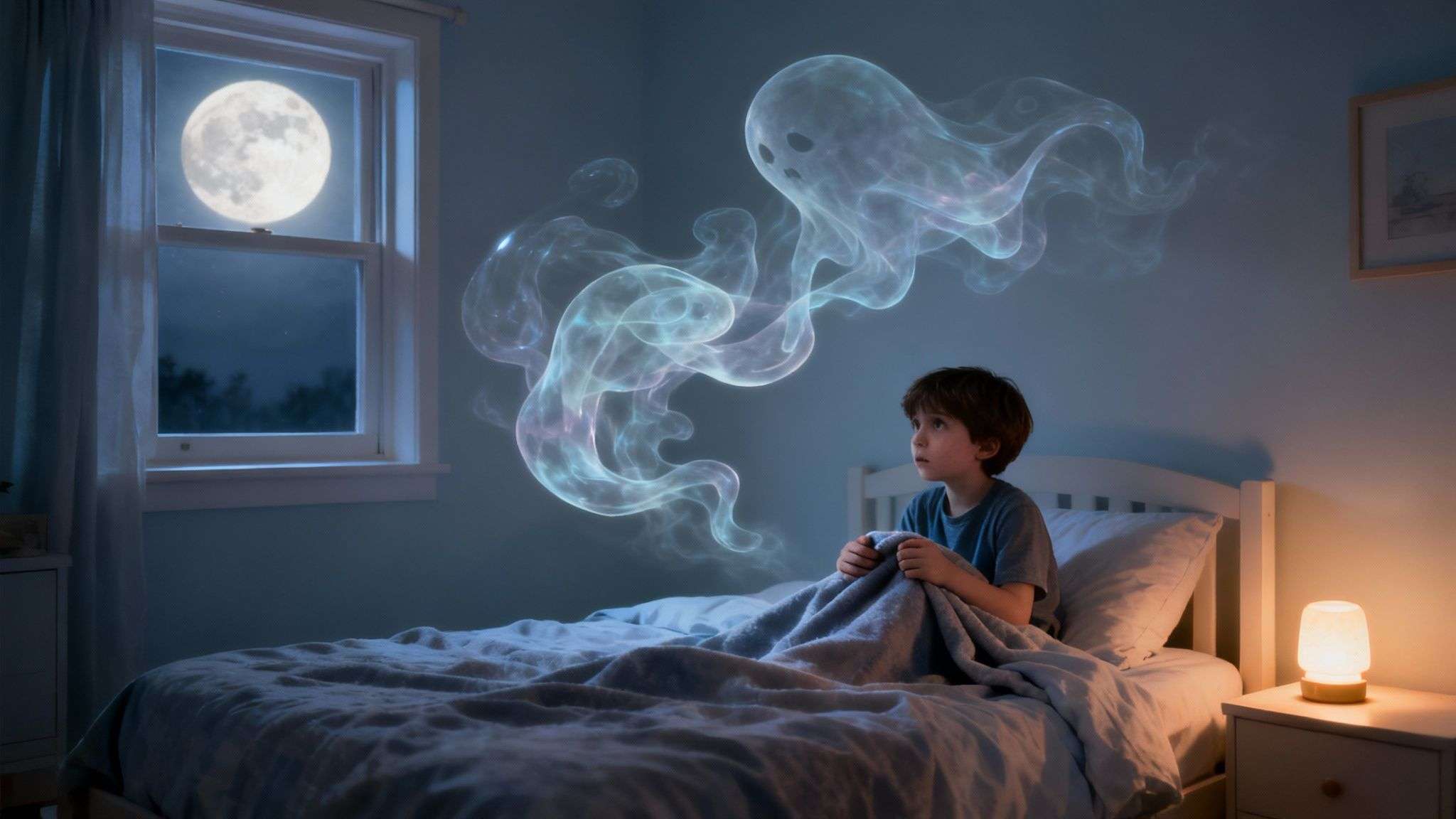 Young boy in bed, looking worried at glowing, ghost-like shapes in his dimly lit room.