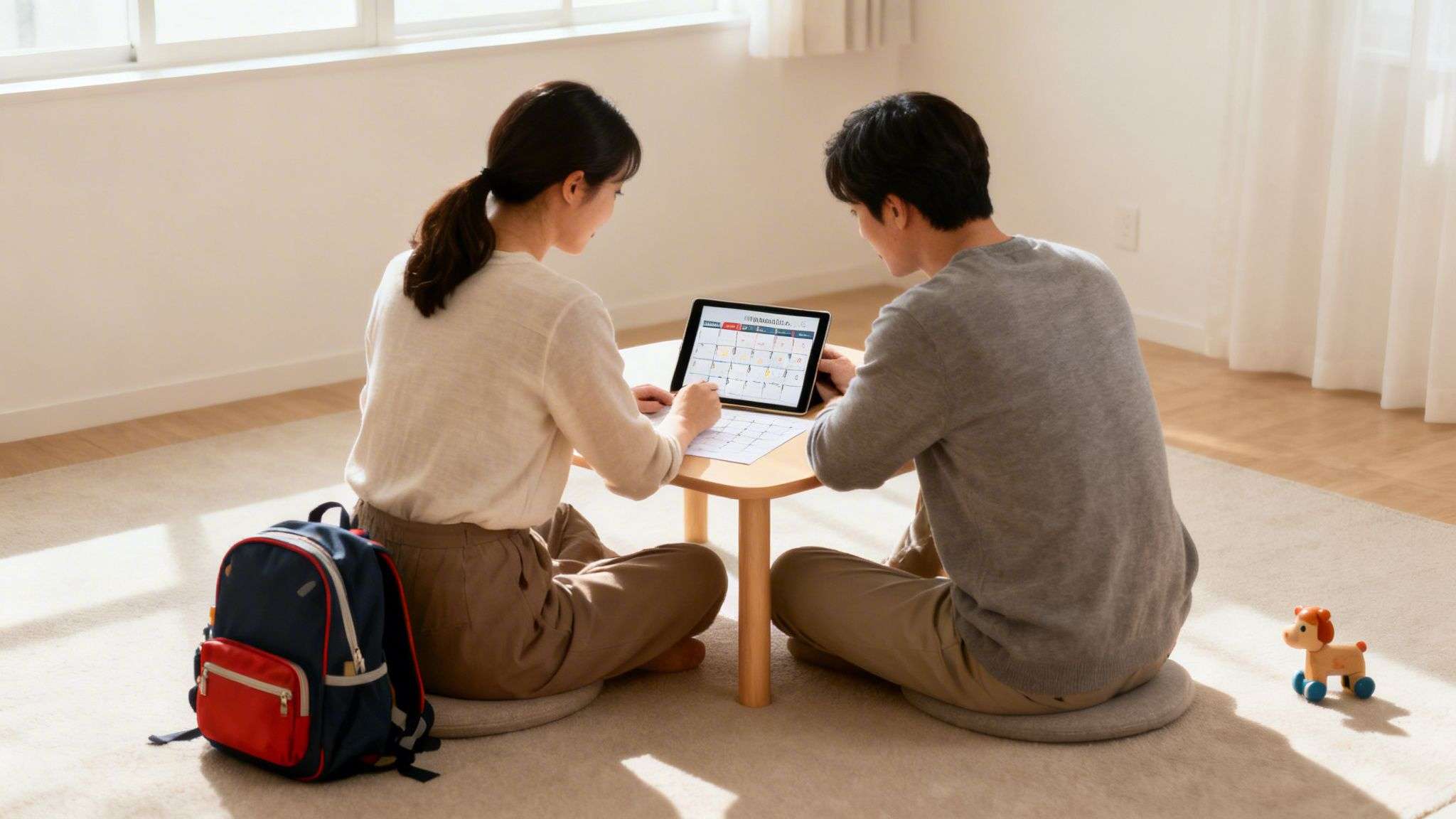 Young couple sits on floor with tablet and paper, planning family schedule in a bright room.