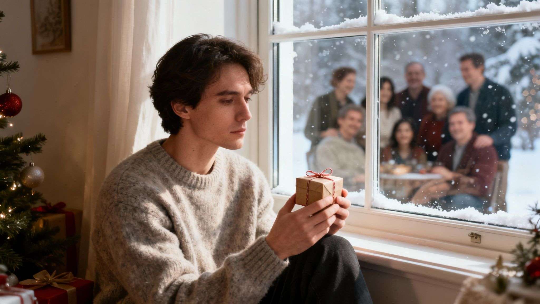 Young man holding a small gift, looking thoughtfully at a blurry family scene through a snowy window.