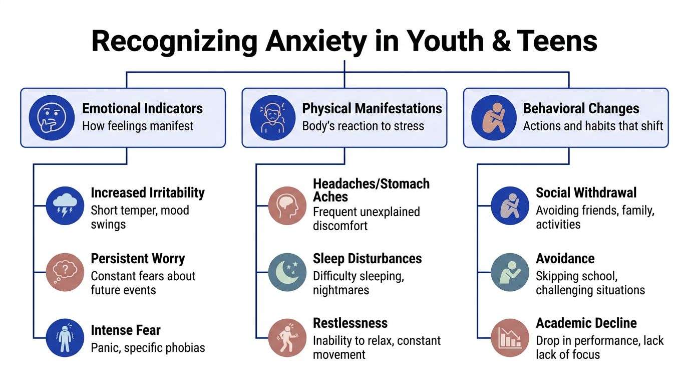 A chart showing signs of anxiety in youth, including emotional, physical, and behavioral indicators.