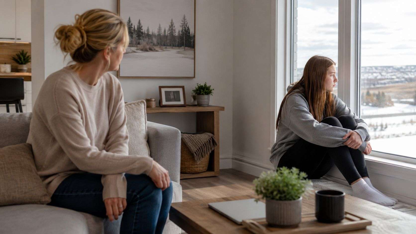 A concerned mother watches her teenage daughter sitting alone and looking out a window in thought.