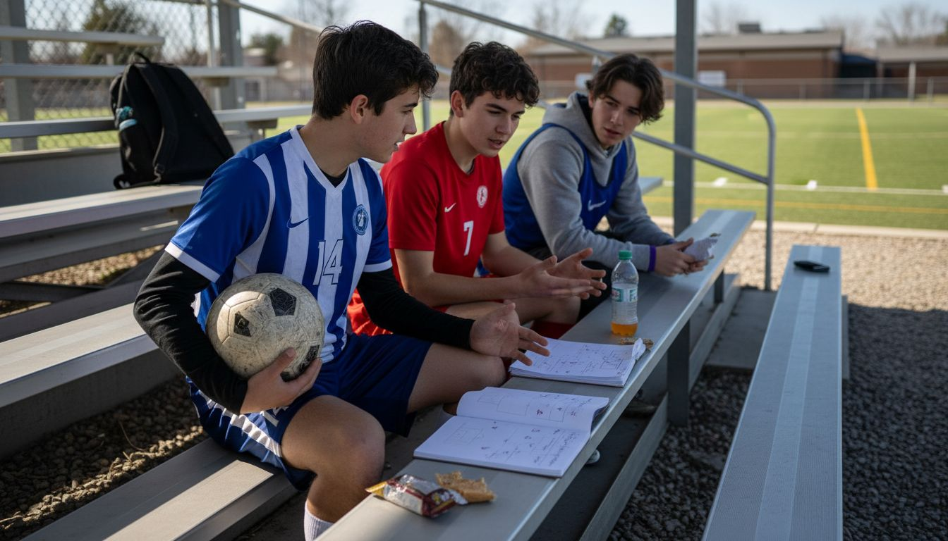 Youth athletes talking strategy on bleachers